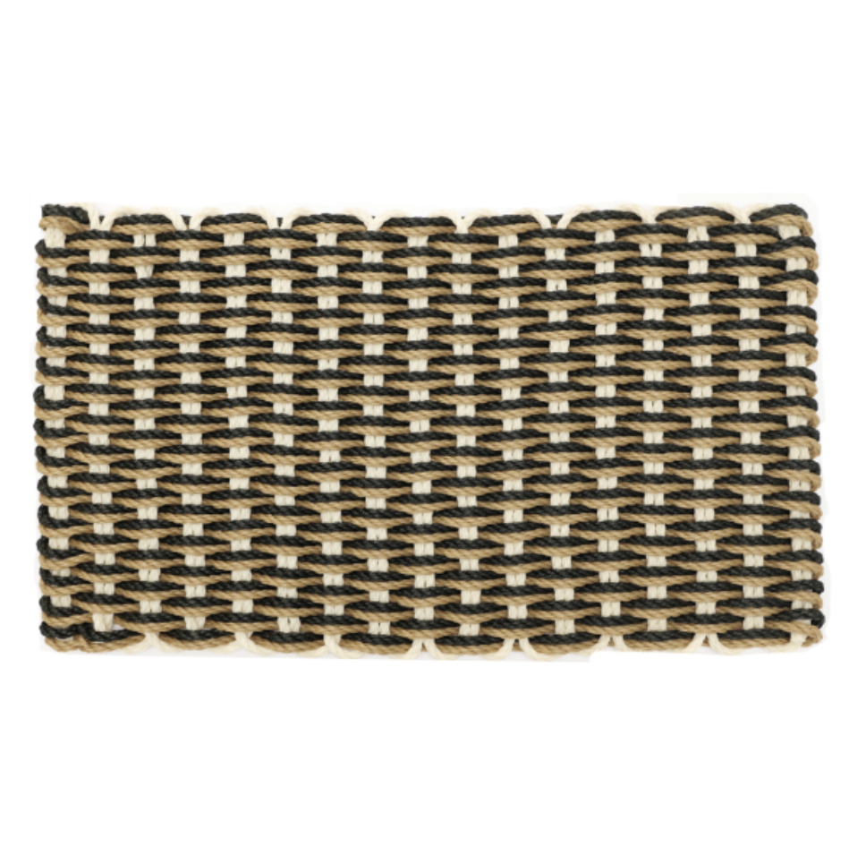 HRB Natural Charcoal and White Rope Doormat Woven rectangular mat with black and beige Outdoor mat