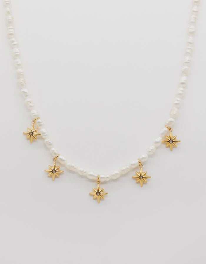 Stella + Gemma Necklace Pearls and Star Medallions Gold