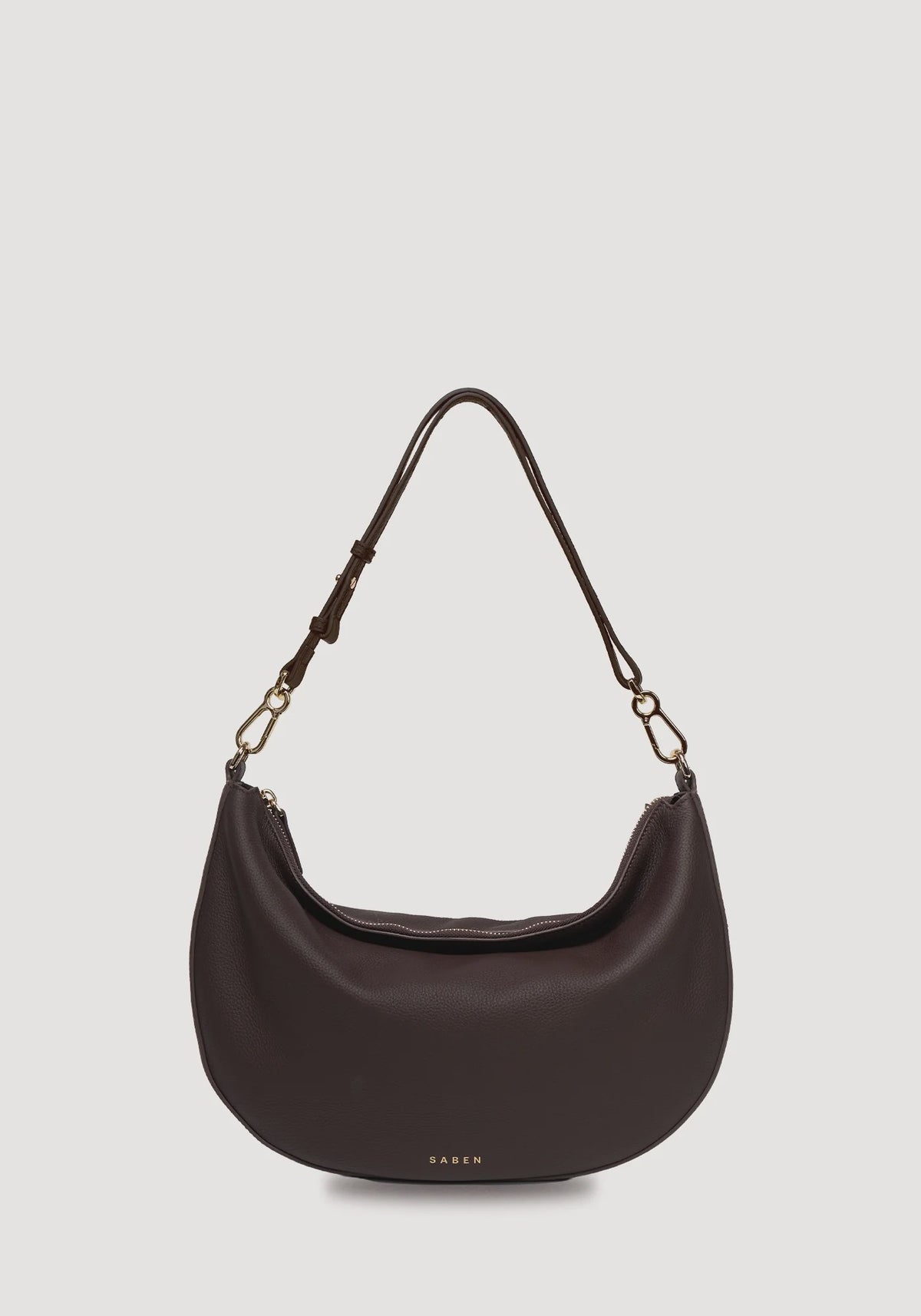 SABEN SS26 Noa Shoulder Bag - Cacao Luxe dark brown crescent-shaped leather shoulder bag