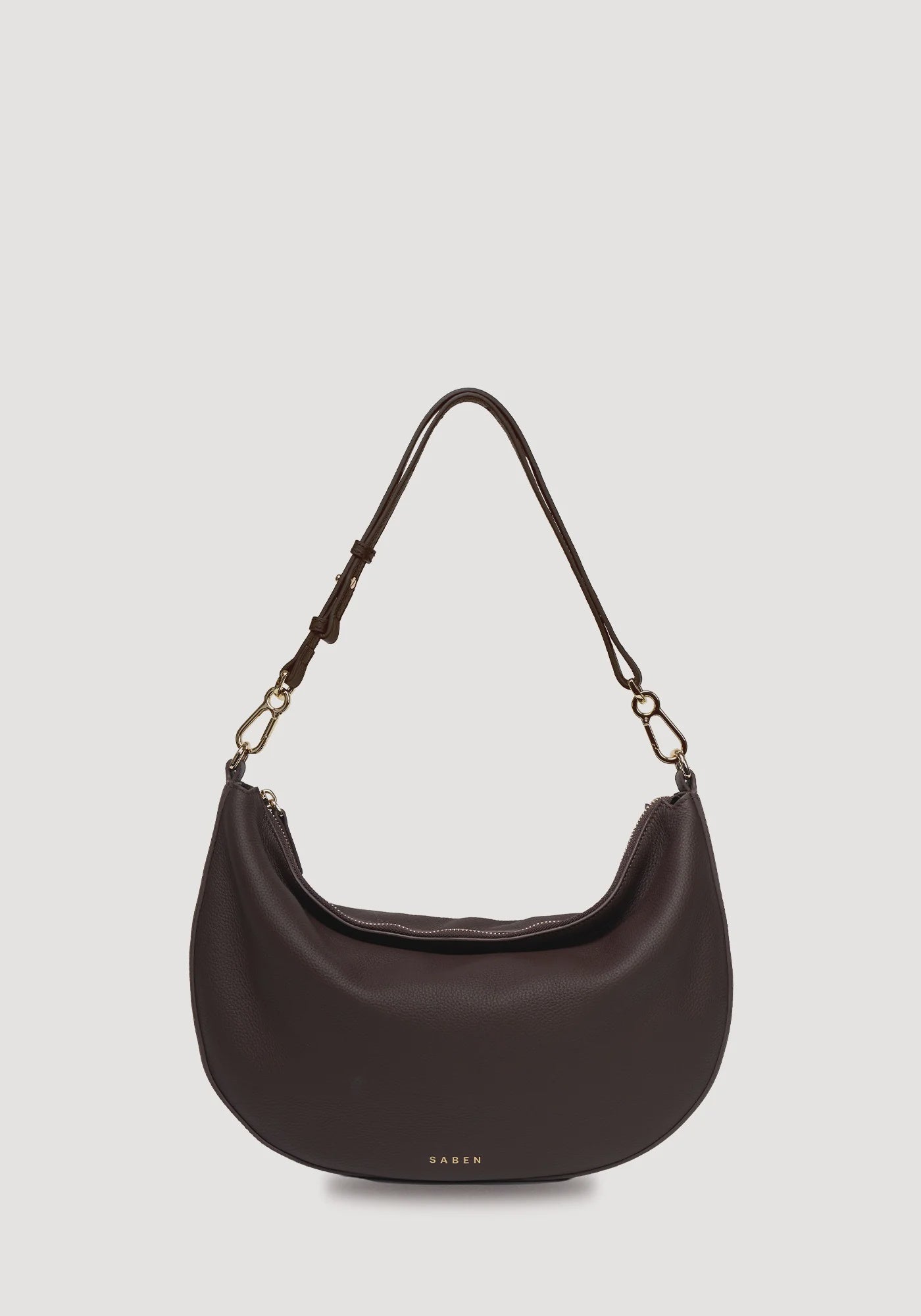 SABEN SS26 Noa Shoulder Bag - Cacao Luxe dark brown crescent-shaped leather shoulder bag