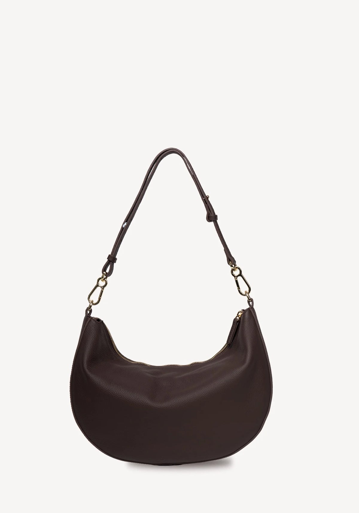 SABEN SS26 Noa Shoulder Bag - Cacao Luxe dark brown crescent-shaped leather shoulder bag