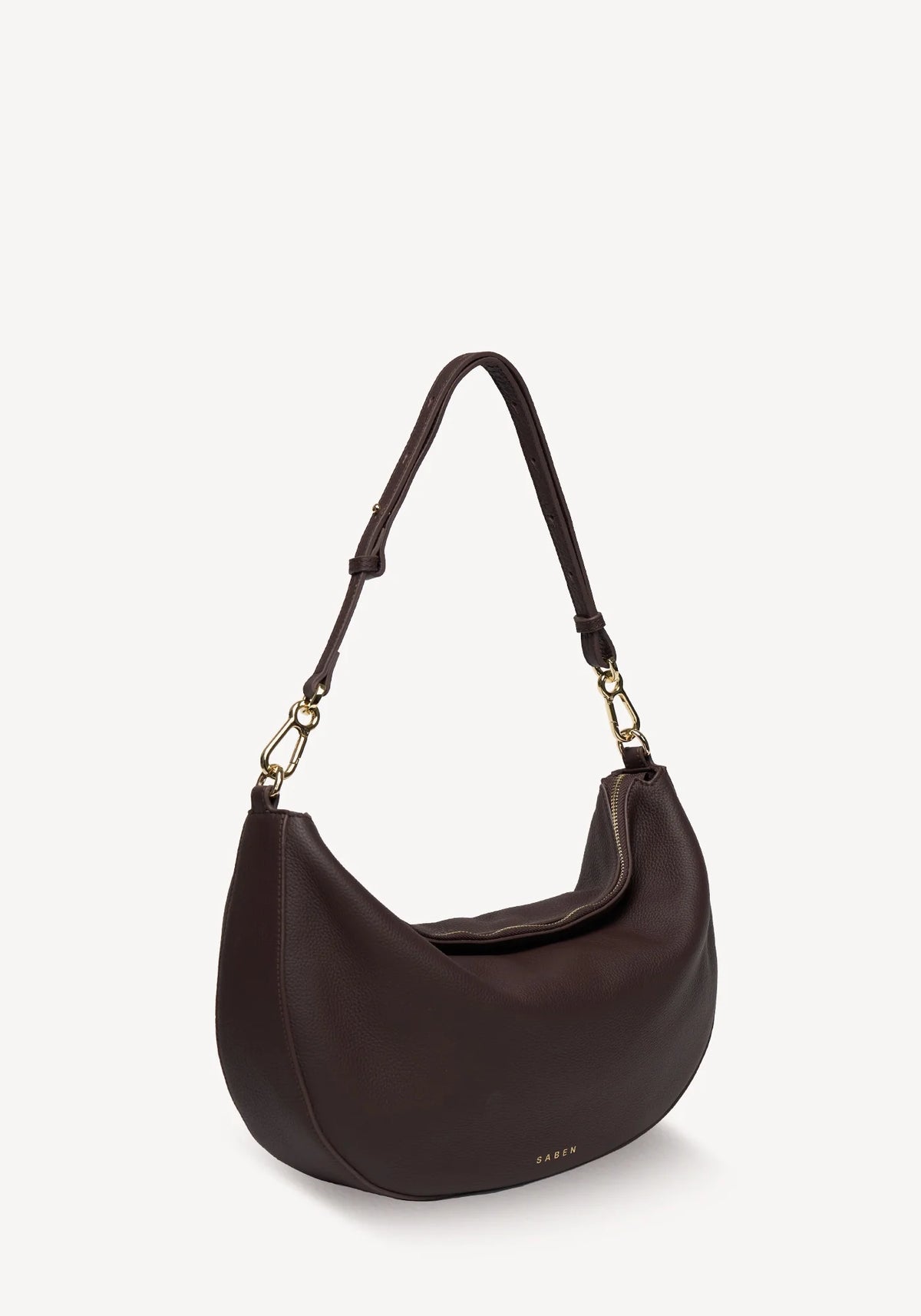 SABEN SS26 Noa Shoulder Bag - Cacao Luxe dark brown crescent-shaped leather shoulder bag