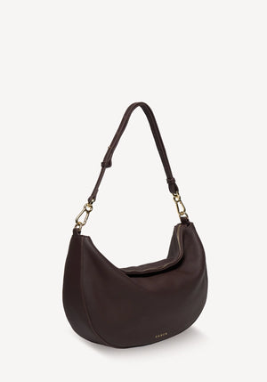 SABEN SS26 Noa Shoulder Bag - Cacao Luxe dark brown crescent-shaped leather shoulder bag