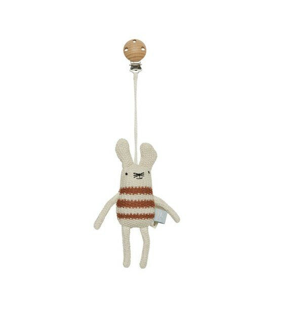 OYOY Musetti Mouse Pram Toy Clip - Offwhite 28cm Knitted mouse toy with a striped sweater