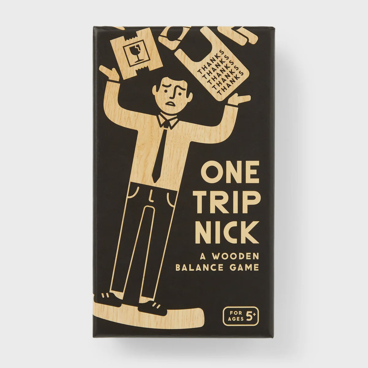 Brass Monkey One Trip Nick Wooden Balance Game Wooden balance game packaging with illustration of a person holding boxes