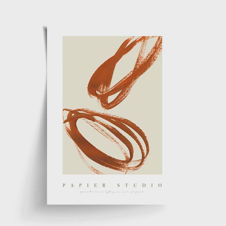 PAPIER HQ  ENCLOSED PRINT RUST Abstract art print with brown brush strokes on a beige background, featuring 'Papier Studio' branding.