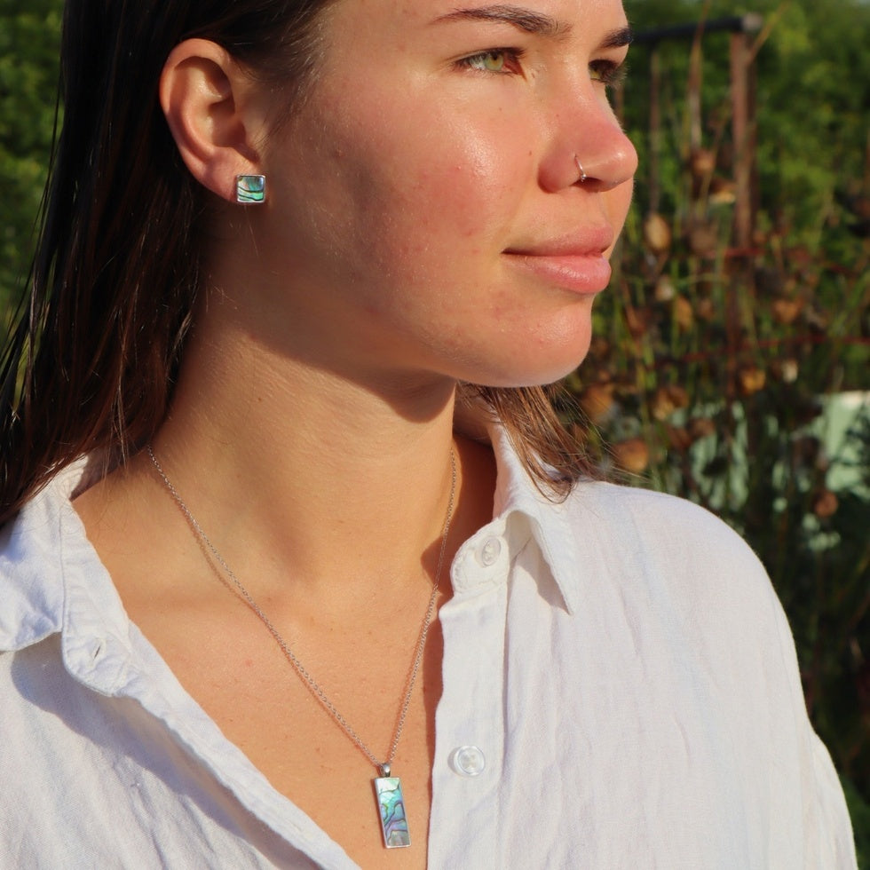Paua Sterling Silver Rectangular Pendant Necklace