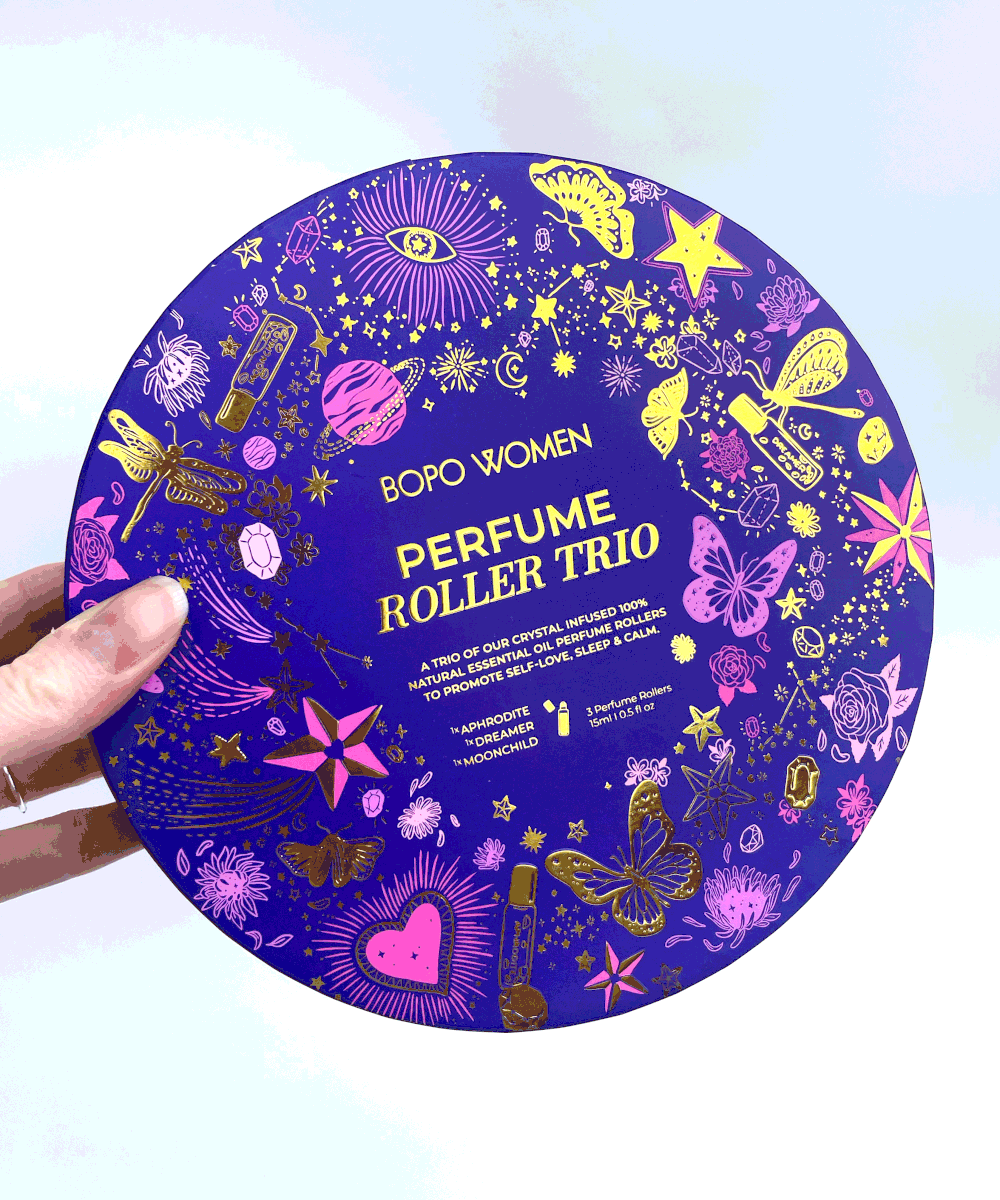 Bopo Women Our three best-selling crystal infused essential oil perfume rollers, packaged in a beautiful gift box. These refined essential oil blends are amazing as a light natural perfume alternative and they're also the perfect gift for that special someone.

Dreamer; for sleep and calm.
Aphrodite; for love and abundance. 
Moonchild; for ease and flow. 
All perfume rollers feature their own corresponding crystals and crystal rollerball.