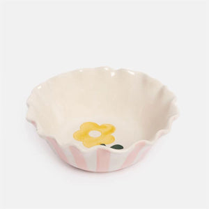 Caroline Gardner - Pink Outside Stripe Yellow Flower - Frilly Bowl