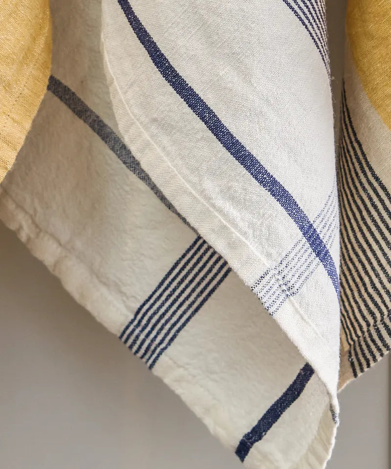 French Country Collections Plaid Cotton Linen Marine Blue Tea Towel
