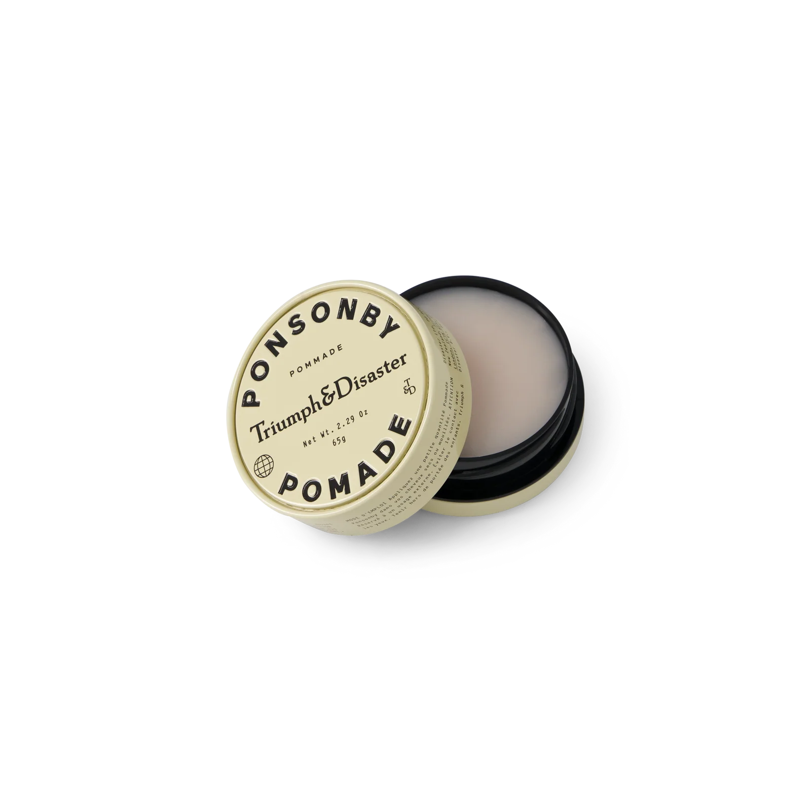 Pomade label with 'Ponsonby', 'Triumph & Disaster' branding Ponsonby Pomade 65g Jar
