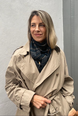 Dark Hampton x Ellie Compton THE QUINNavy blue scarf with gold patterns
