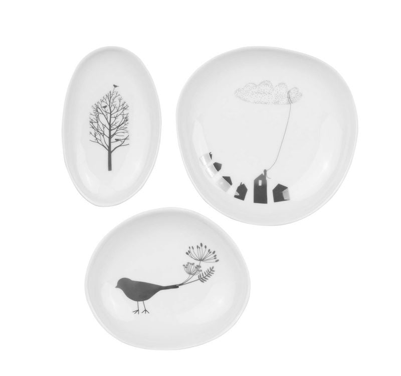 Räder - Birdhouse Wonderland Set of 3 - Porcelain Bowl Three decorative plates with black and white designs of a tree, bird, and house