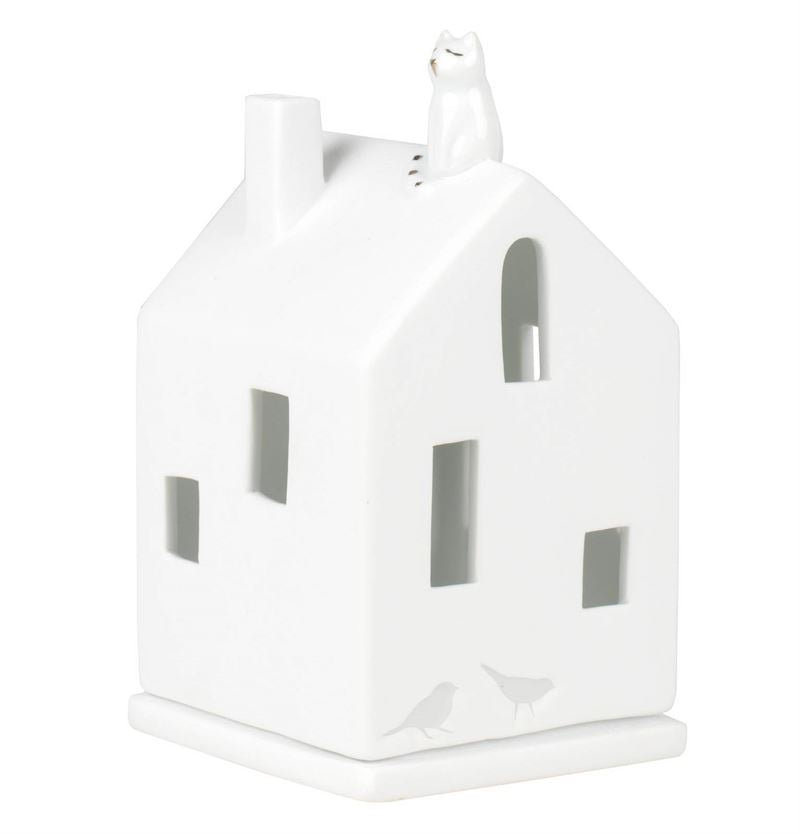 Räder - Cat On Roof - Porcelain Tealight House White ceramic house-shaped lantern