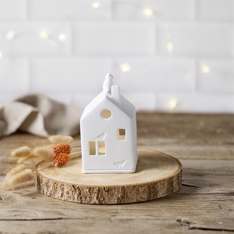 Räder - Cat On Roof - Porcelain Tealight House White ceramic house-shaped lantern