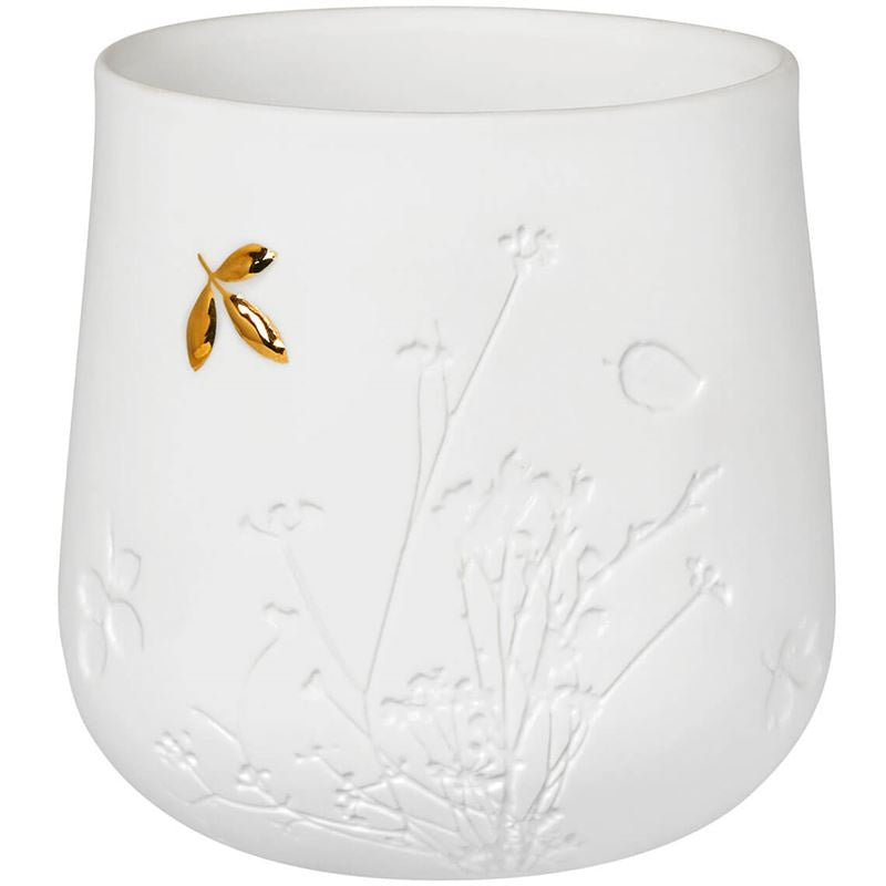 Räder - Golden Leaf - Porcelain Tealight A white ceramic cup with embossed wildflower details and a small gold leaf accent on the side