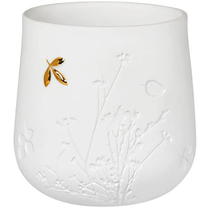 Räder - Golden Leaf - Porcelain Tealight A white ceramic cup with embossed wildflower details and a small gold leaf accent on the side