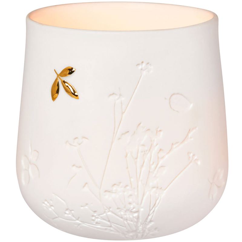 Räder - Golden Leaf - Porcelain Tealight A white ceramic cup with embossed wildflower details and a small gold leaf accent on the side