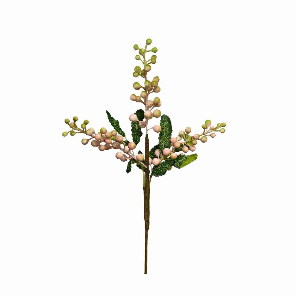 Berry Pick - Blush Artificial flower branch with pink buds and green leaves