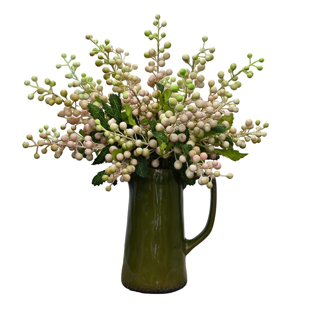 Berry Pick - Blush Artificial flower branch with pink buds and green leaves
