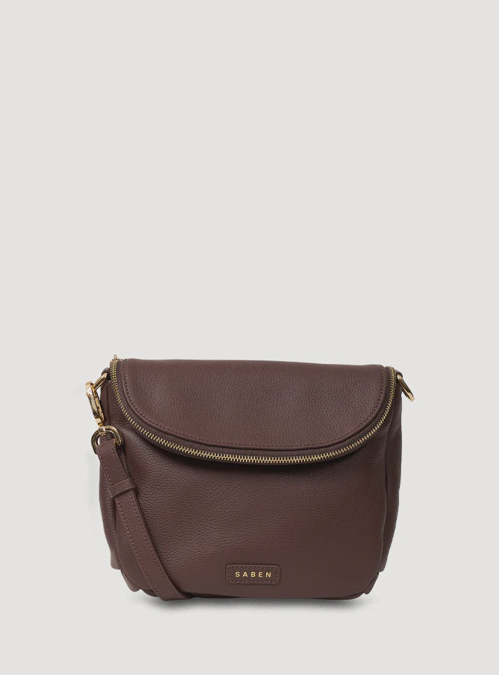 SABEN Fifi Crossbody - Espresso Brown leather handbag with gold zipper