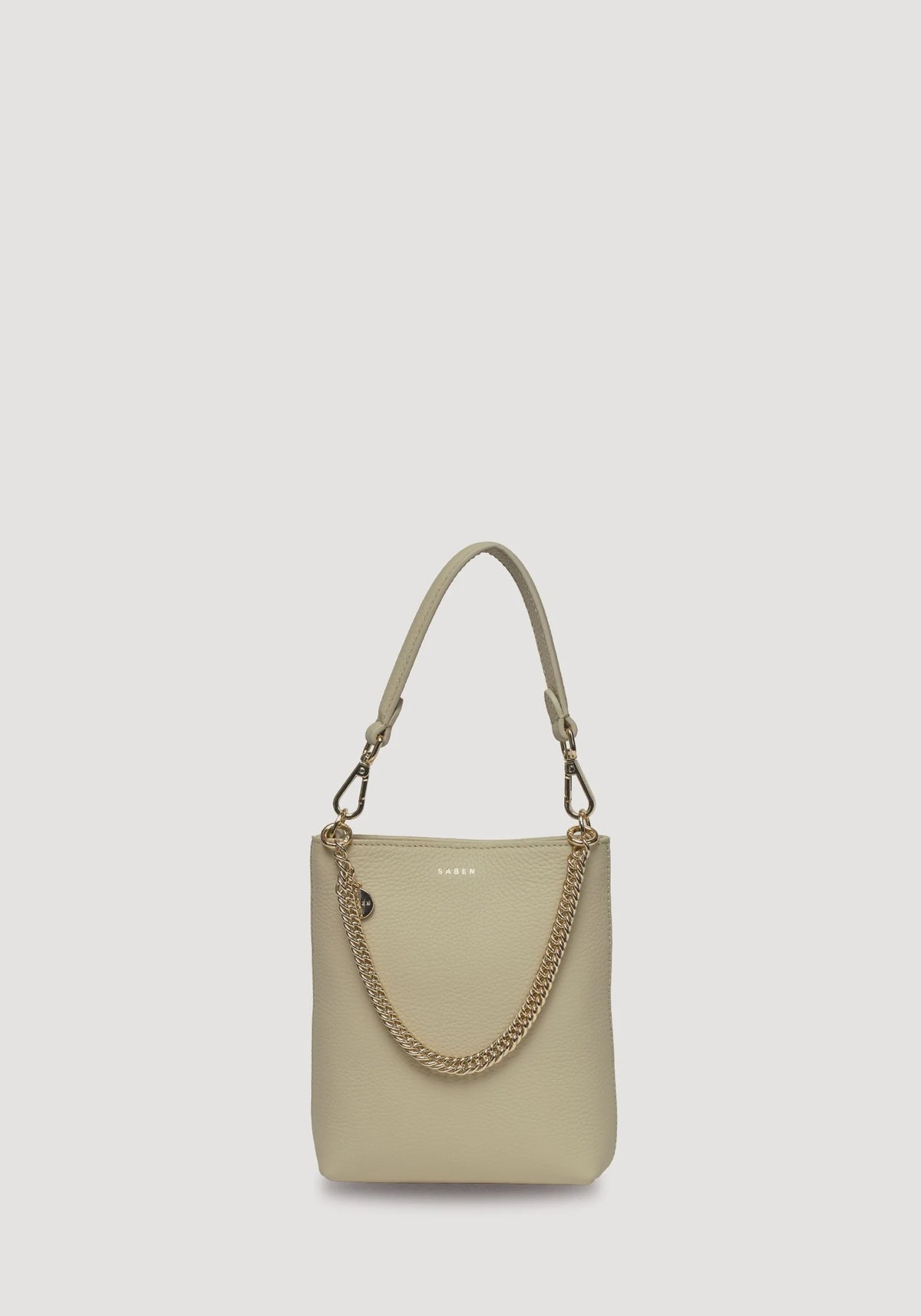 SABEN Coco Mini Bag - Oyster light beige leather handbag with a gold chain handle