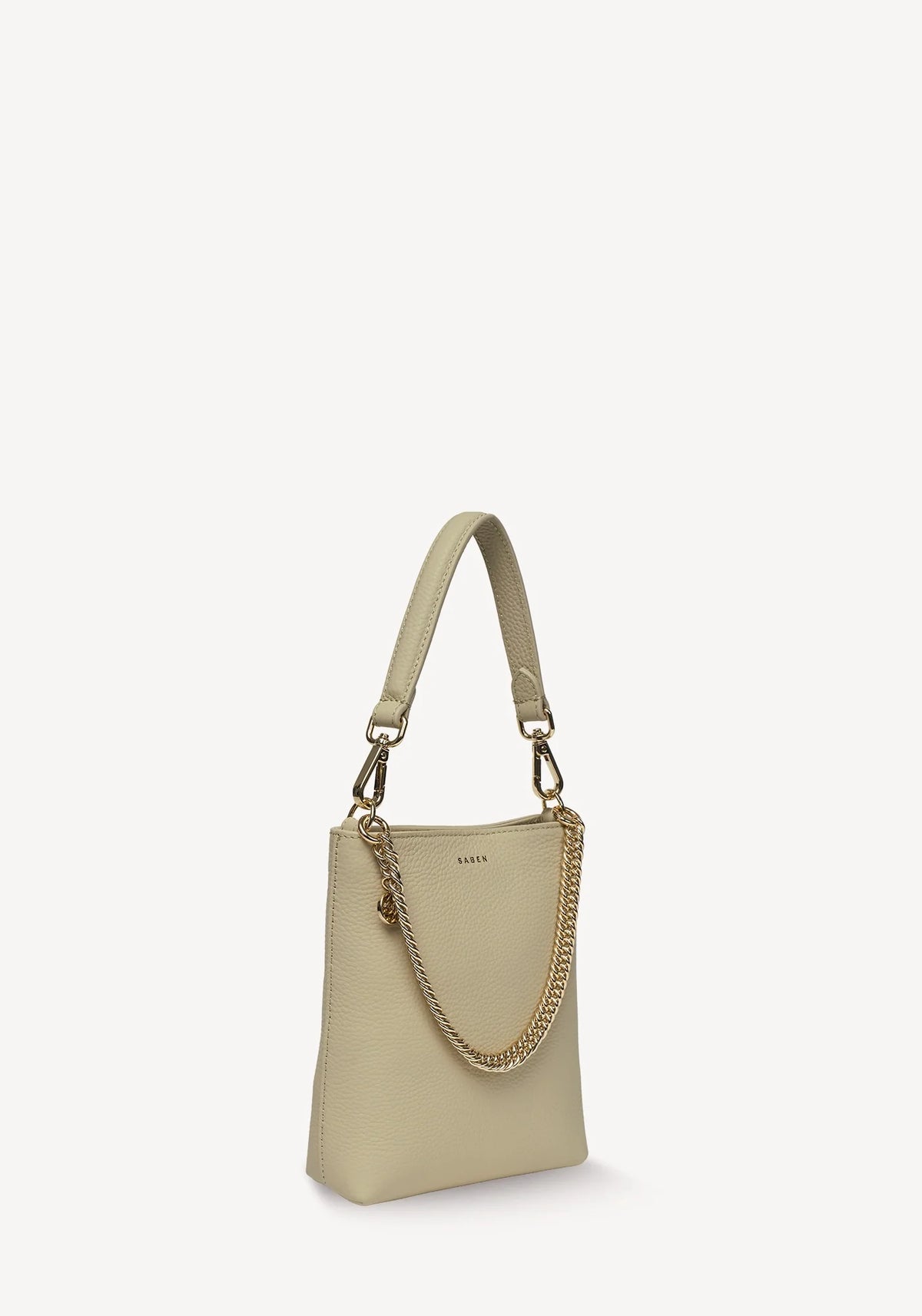 SABEN Coco Mini Bag - Oyster light beige leather handbag with a gold chain handle