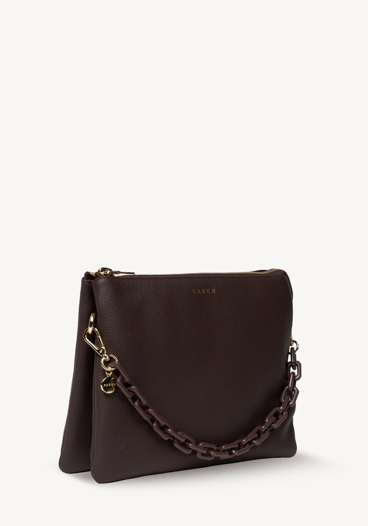 SABEN SS26 Matilda Crossbody - Cacao + Tonal Chain dark brown pebbled leather crossbody bag
