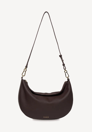SABEN SS26 Noa Shoulder Bag - Cacao Luxe dark brown crescent-shaped leather shoulder bag