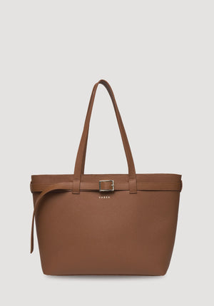 SABEN Tabby Shoulder Bag - Tan + Bronze brown pebbled leather tote bag