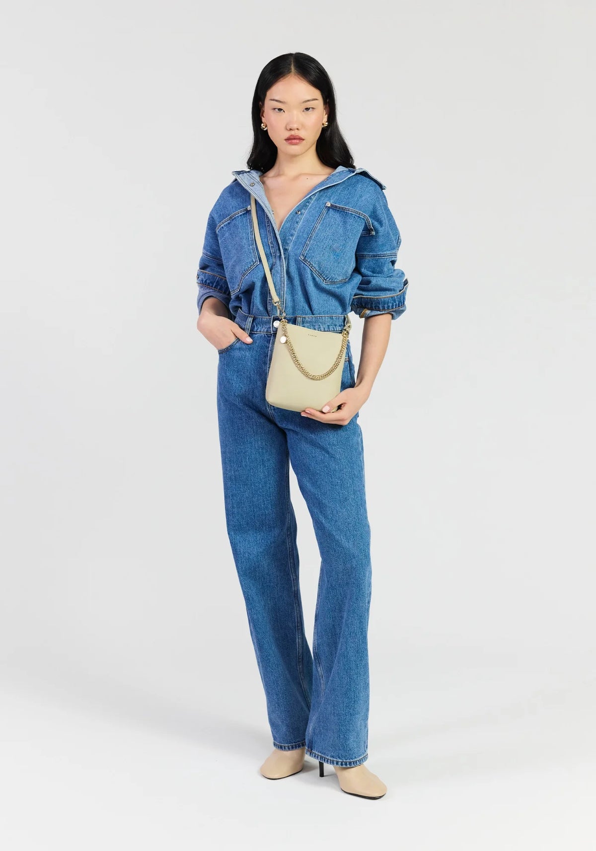 SABEN Coco Mini Bag - Oyster light beige leather handbag with a gold chain handle