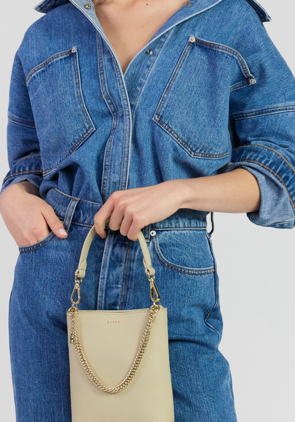 SABEN Coco Mini Bag - Oyster light beige leather handbag with a gold chain handle
