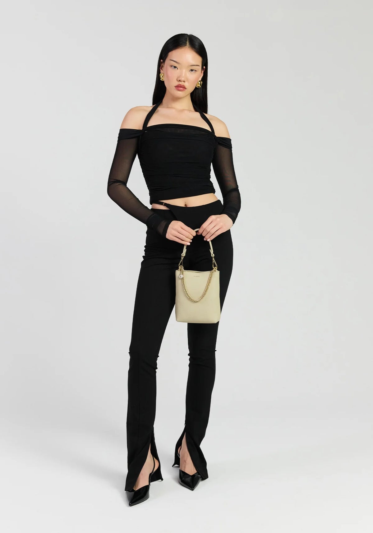 SABEN Coco Mini Bag - Oyster light beige leather handbag with a gold chain handle