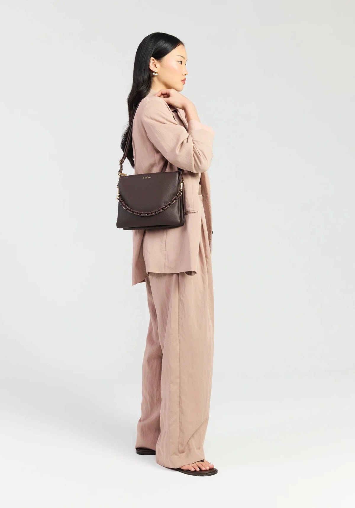 SABEN SS26 Matilda Crossbody - Cacao + Tonal Chain dark brown pebbled leather crossbody bag