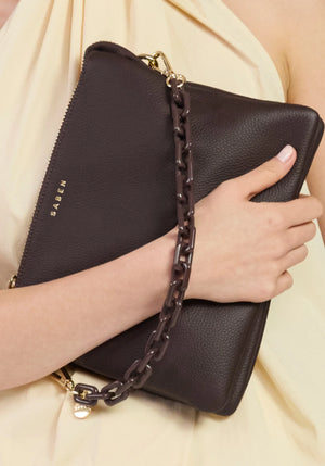 SABEN SS26 Matilda Crossbody - Cacao + Tonal Chain dark brown pebbled leather crossbody bag