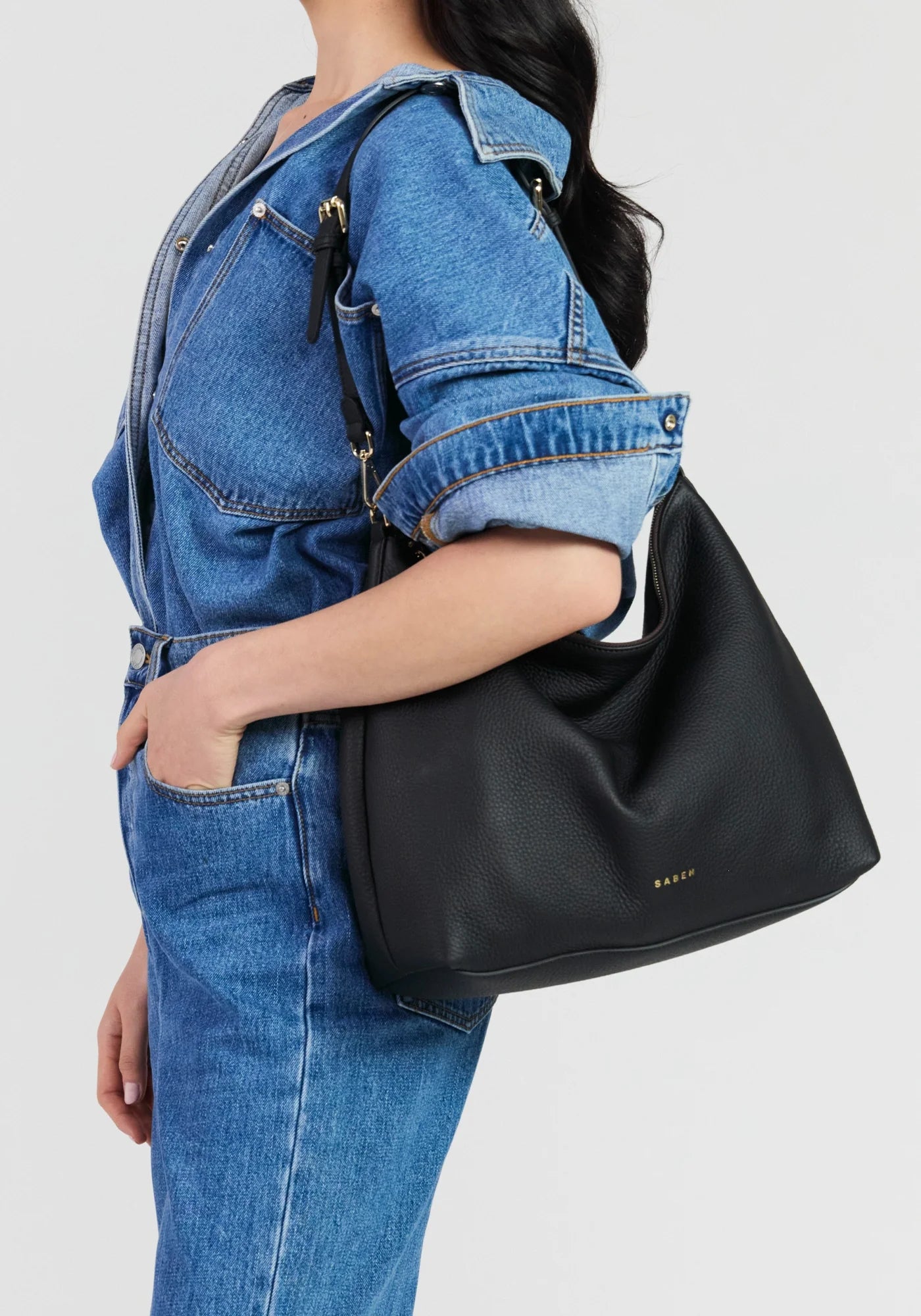 SABEN SS26 Miki Shoulder Bag - Black Luxe pebbled leather hobo shoulder bag