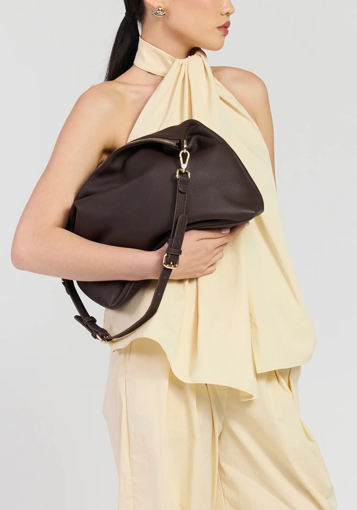 SABEN SS26 Miki Shoulder Bag - Cacao Luxe dark brown slouchy hobo shoulder bag