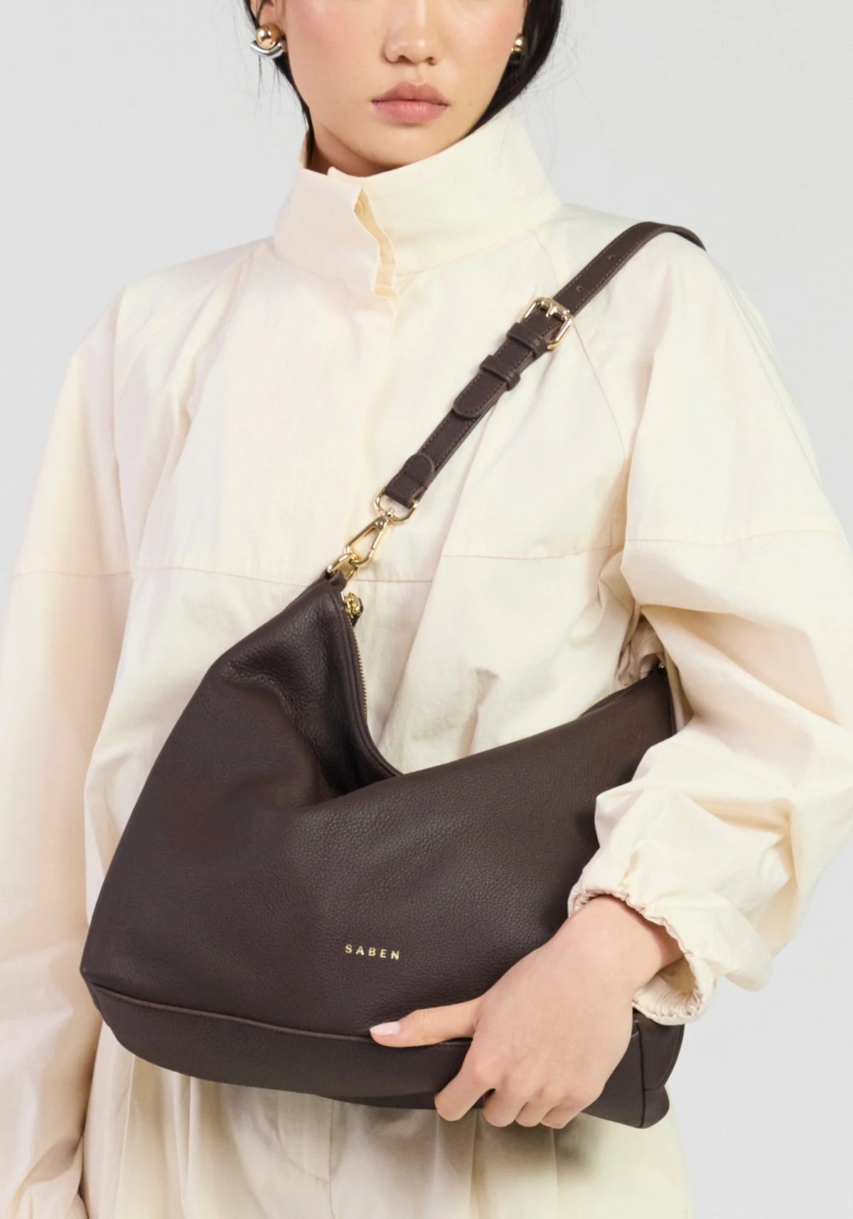 SABEN SS26 Miki Shoulder Bag - Cacao Luxe dark brown slouchy hobo shoulder bag