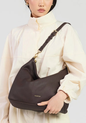 SABEN SS26 Miki Shoulder Bag - Cacao Luxe dark brown slouchy hobo shoulder bag
