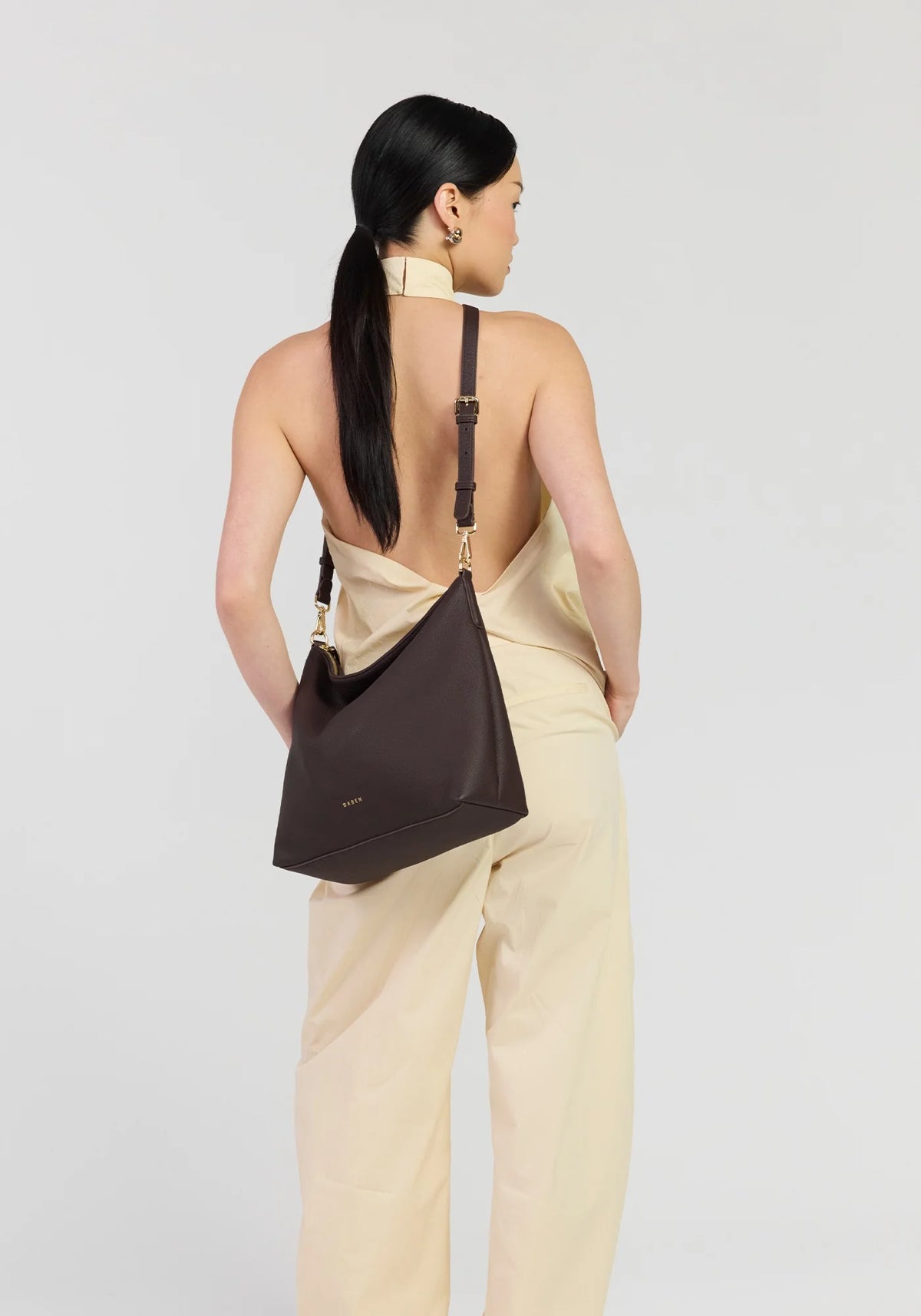 SABEN SS26 Miki Shoulder Bag - Cacao Luxe dark brown slouchy hobo shoulder bag