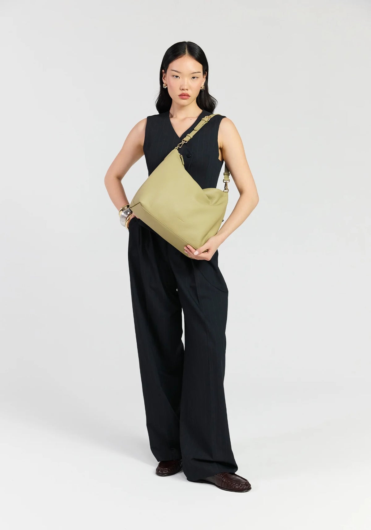 SABEN SS26 Miki Shoulder Bag - Willow Luxe olive green slouchy shoulder bag