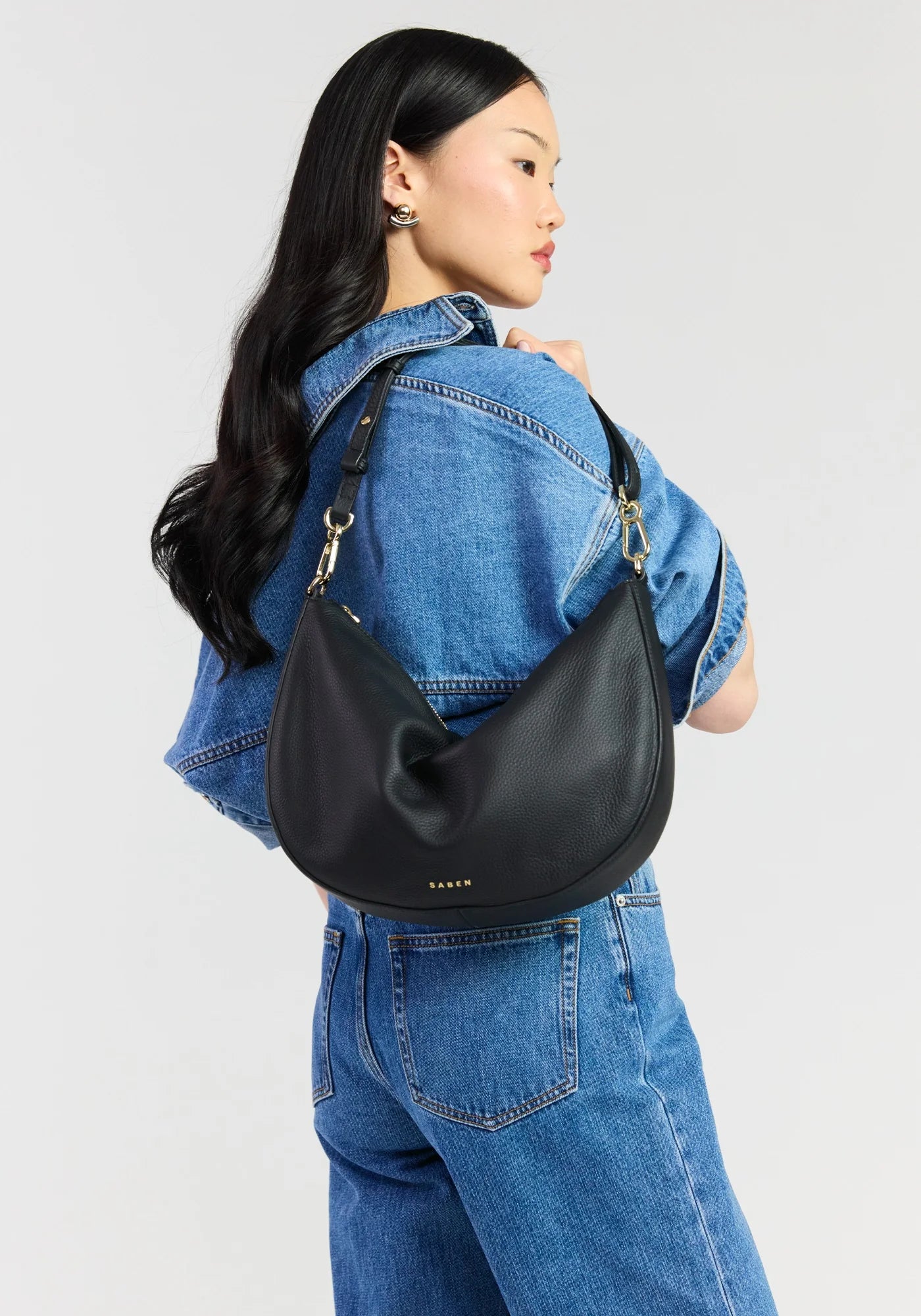 SABEN SS26 Noa Shoulder Bag - Black Luxe crescent-shaped shoulder bag