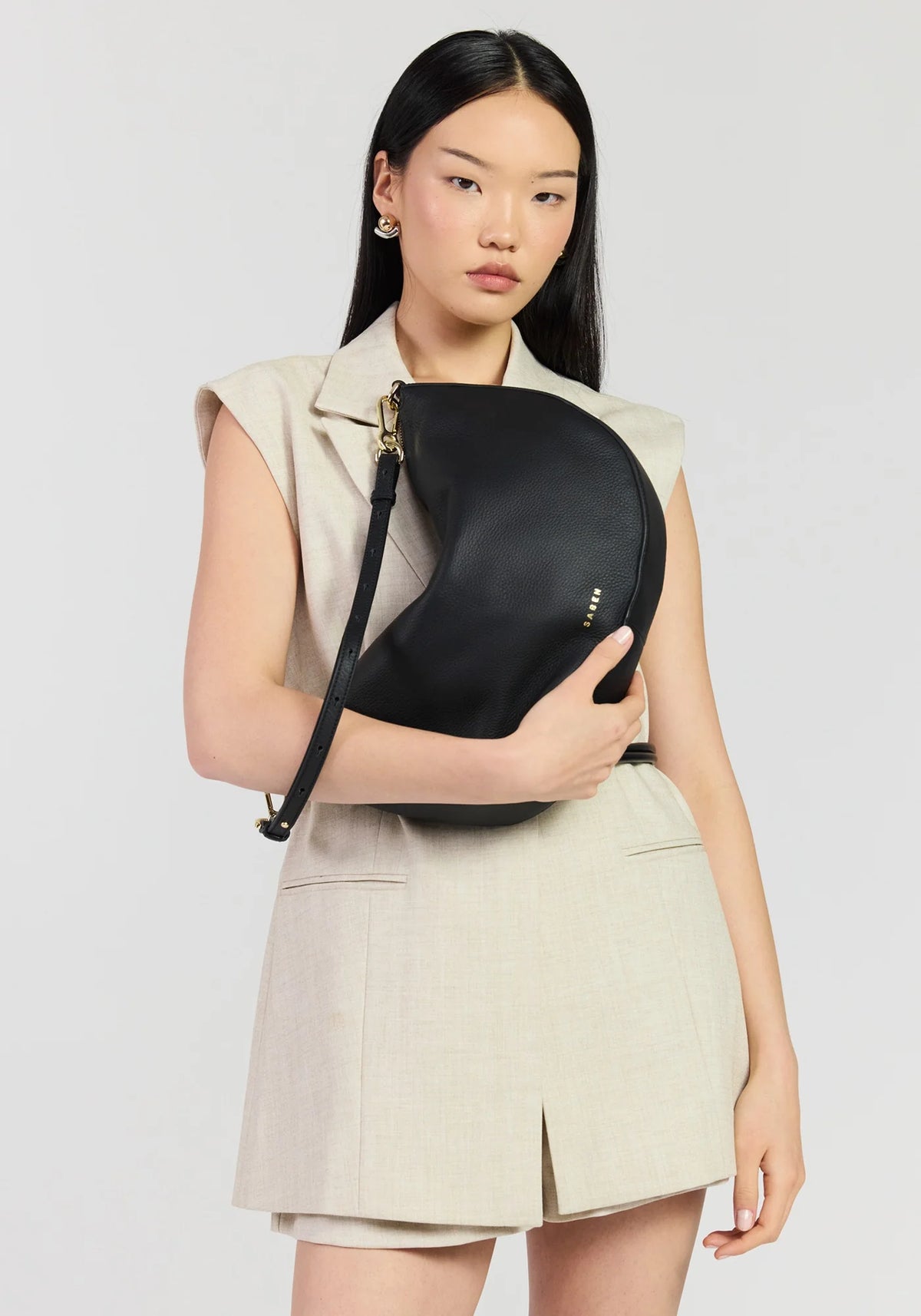 SABEN SS26 Noa Shoulder Bag - Black Luxe crescent-shaped shoulder bag