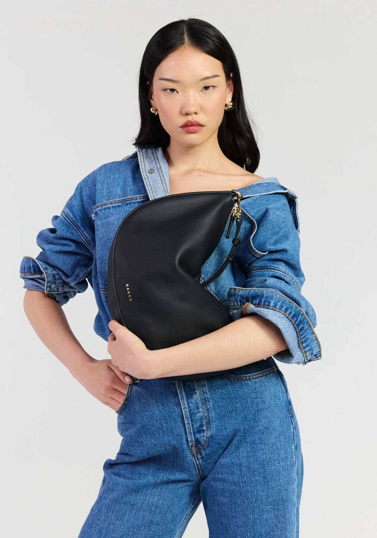 SABEN SS26 Noa Shoulder Bag - Black Luxe crescent-shaped shoulder bag