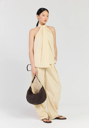 SABEN SS26 Noa Shoulder Bag - Cacao Luxe dark brown crescent-shaped leather shoulder bag