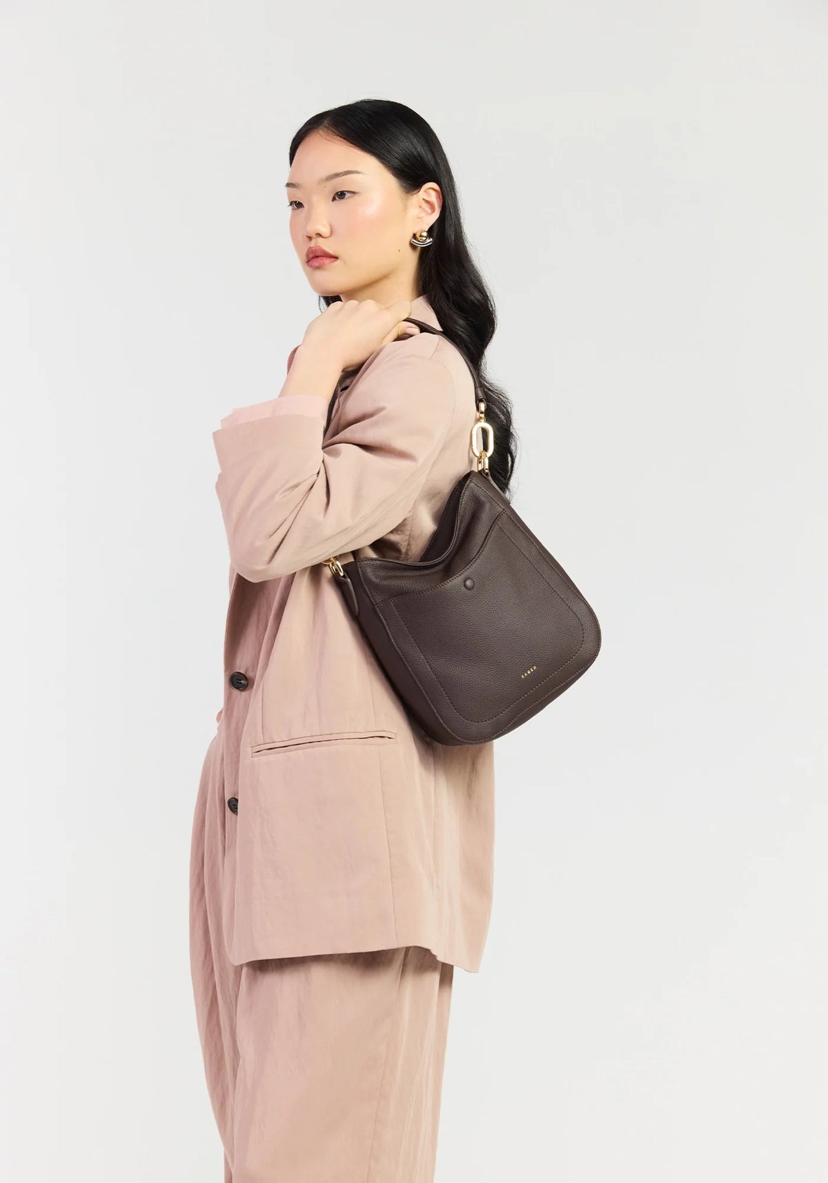 SABEN SS26 Rosie Shoulder Bag - Cacao Luxe dark brown leather shoulder bag