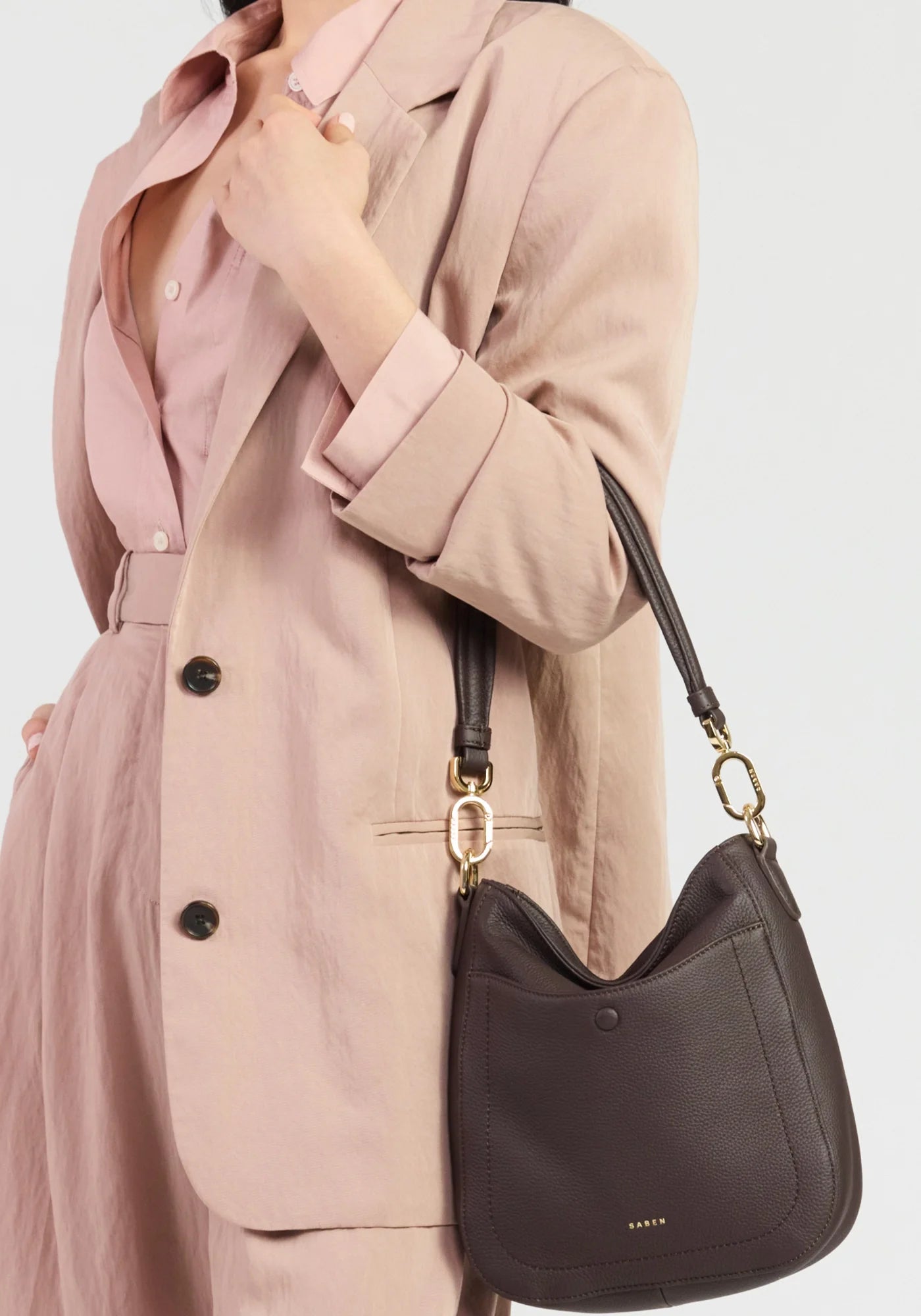 SABEN SS26 Rosie Shoulder Bag - Cacao Luxe dark brown leather shoulder bag