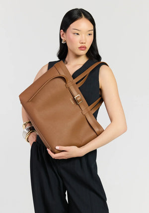 SABEN Tabby Shoulder Bag - Tan + Bronze brown pebbled leather tote bag