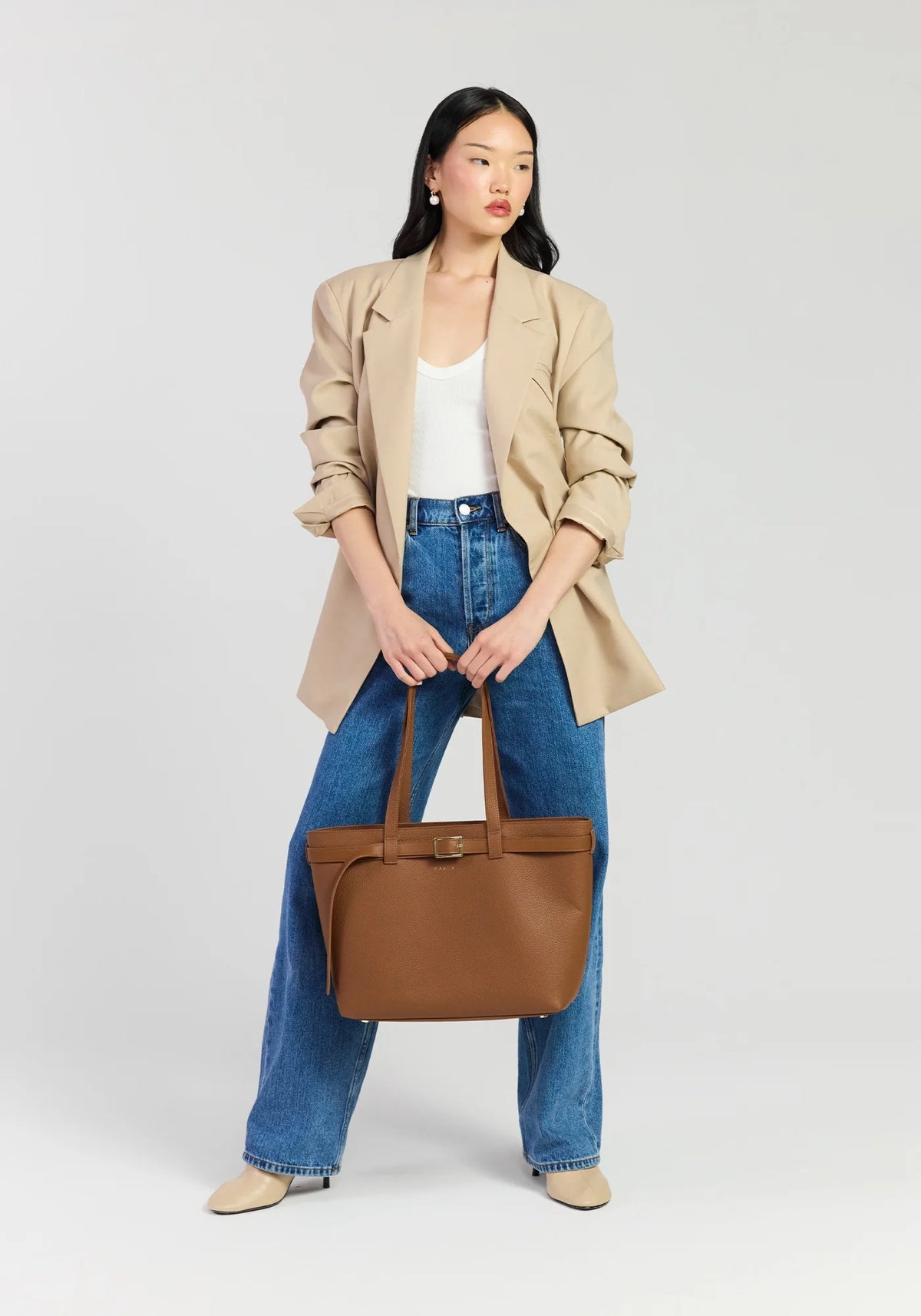 SABEN Tabby Shoulder Bag - Tan + Bronze brown pebbled leather tote bag