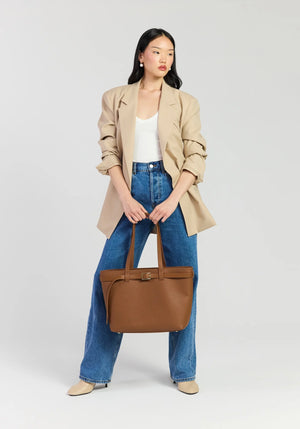SABEN Tabby Shoulder Bag - Tan + Bronze brown pebbled leather tote bag